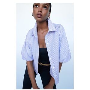 Zara balloon sleeved puff blouse cropped blue stripe